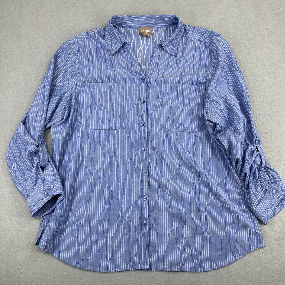 Chico's Blue White Pinstripe Textured Button Down Shirt Roll Tab Size 3 Large - Picture 1 of 13